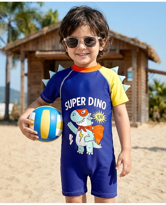 Babyhug Half Sleeves Legged Swimsuit with  Dino Print - Navy Blue