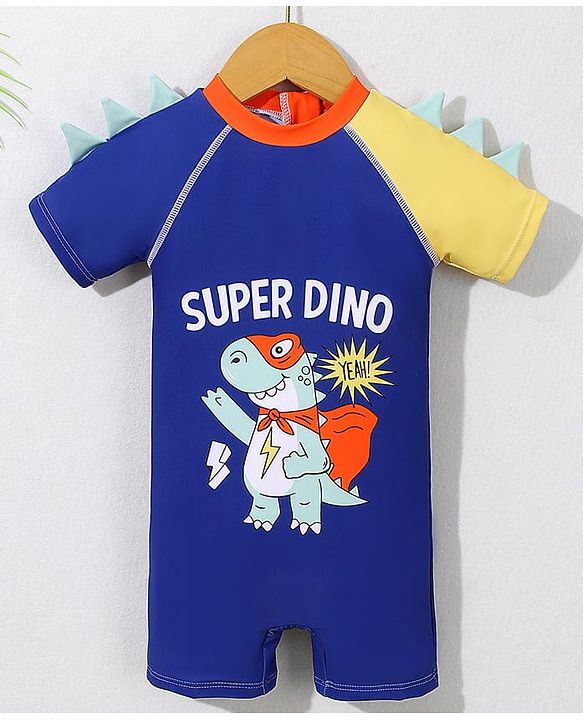 Babyhug Half Sleeves Legged Swimsuit with  Dino Print - Navy Blue