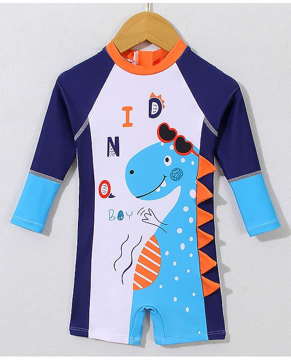 Babyhug Full Sleeves Legged Swimsuit with  Dino Print & Applique- Navy Blue
