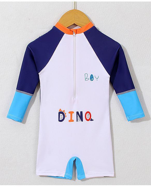 Babyhug Full Sleeves Legged Swimsuit with  Dino Print & Applique- Navy Blue