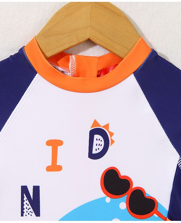 Babyhug Full Sleeves Legged Swimsuit with  Dino Print & Applique- Navy Blue