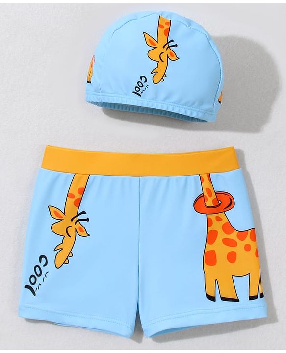 Babyhug Swimming Trunk with Cap Giraffe Print - Light Blue
