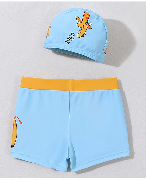 Babyhug Swimming Trunk with Cap Giraffe Print - Light Blue