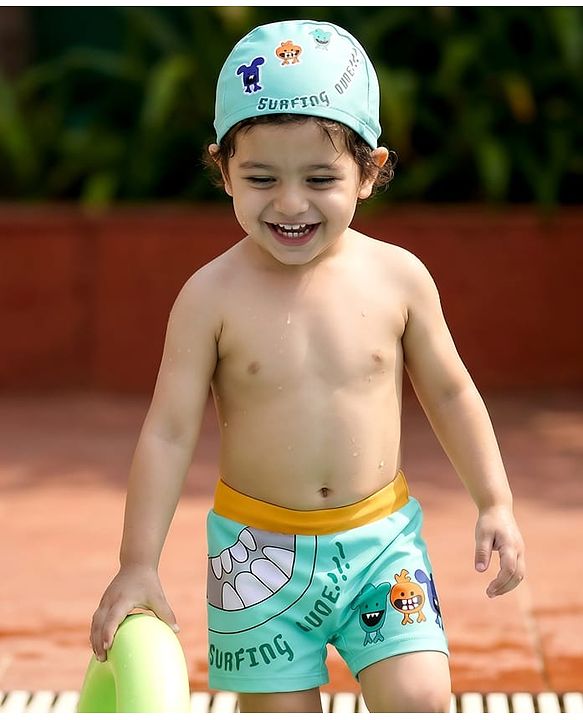 Babyhug Swimming Trunk with Cap Cartoon Print - Green