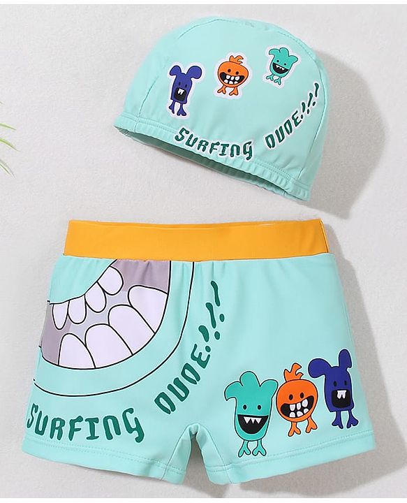 Babyhug Swimming Trunk with Cap Cartoon Print - Green