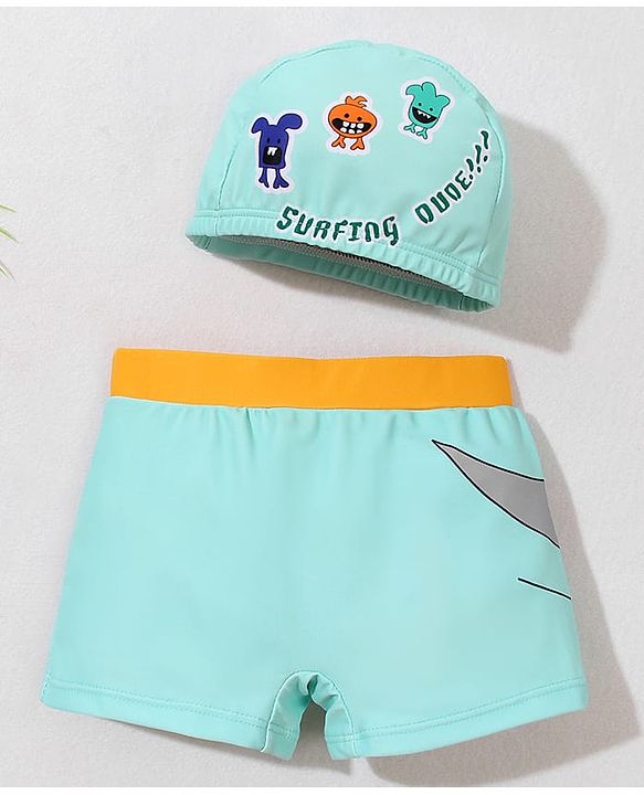 Babyhug Swimming Trunk with Cap Cartoon Print - Green