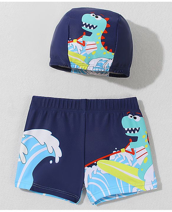 Babyhug Swimming Trunk with Cap Dino Print - Navy Blue