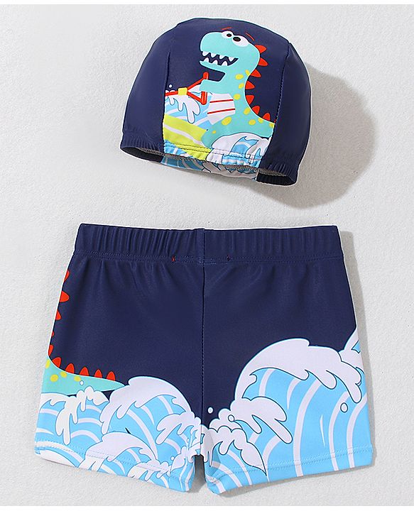 Babyhug Swimming Trunk with Cap Dino Print - Navy Blue