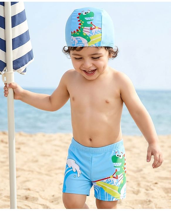 Babyhug Swimming Trunk with Cap Dino Print - Navy Blue