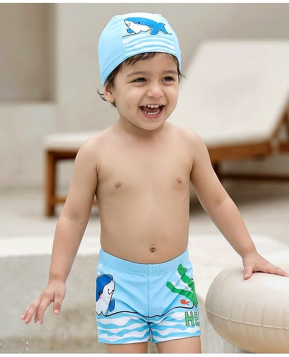 Babyhug Swimming Trunk with Cap Dolphin Print - Light Blue