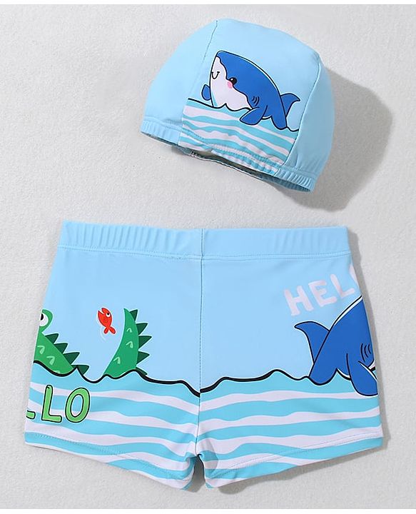 Babyhug Swimming Trunk with Cap Dolphin Print - Light Blue