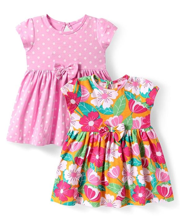 Babyhug Single Jersey Knit Half Sleeves Polka Dots & Floral Printed Dresses With Bow Applique Pack of 2 - Pink