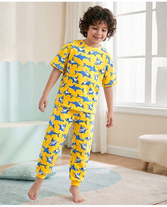 Pine Kids Single Jersey Knit Half Sleeves Night Suit With Shark Print - Yellow