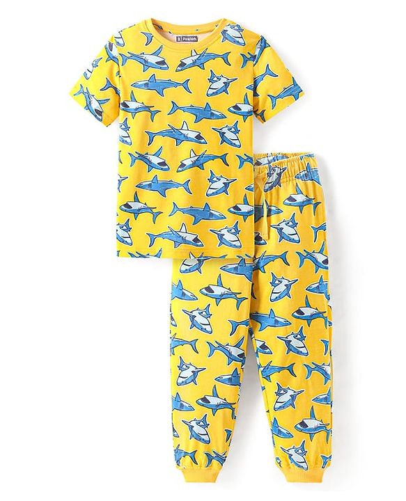 Pine Kids Single Jersey Knit Half Sleeves Night Suit With Shark Print - Yellow