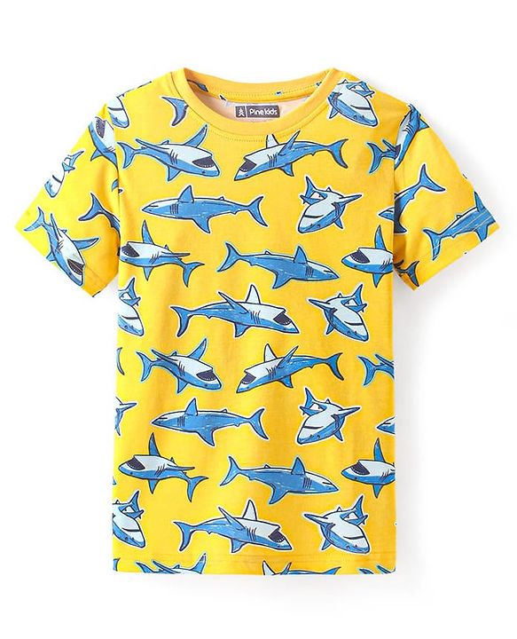 Pine Kids Single Jersey Knit Half Sleeves Night Suit With Shark Print - Yellow
