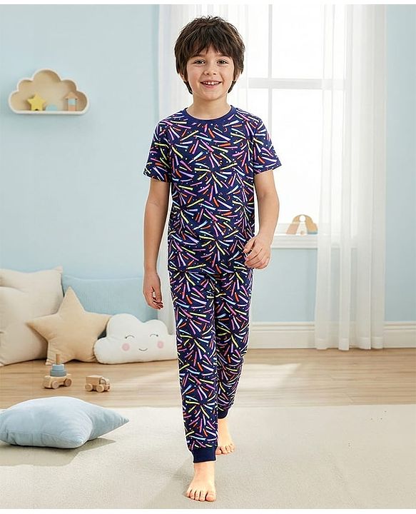 Pine Kids Single Jersey Knit Half Sleeves Night Suit with Star Print - Navy Blue