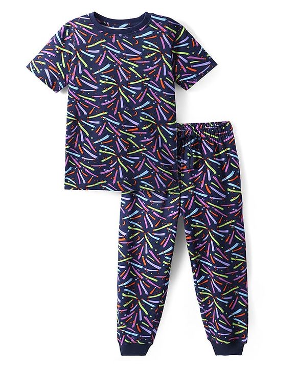 Pine Kids Single Jersey Knit Half Sleeves Night Suit with Star Print - Navy Blue