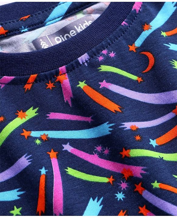 Pine Kids Single Jersey Knit Half Sleeves Night Suit with Star Print - Navy Blue