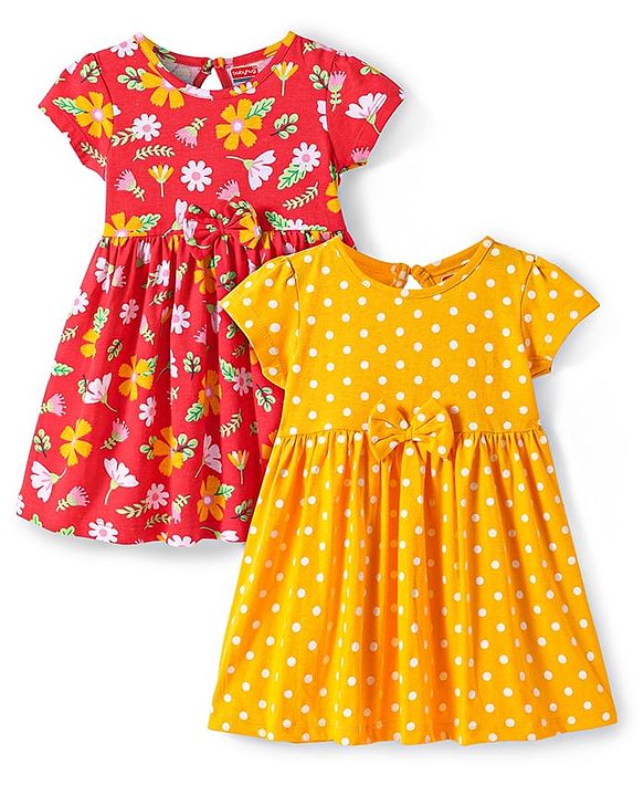 Babyhug Single Jersey Knit Half Sleeves Dresses with Bow Applique Polka Dots & Floral Print Pack of 2 - Red & Yellow