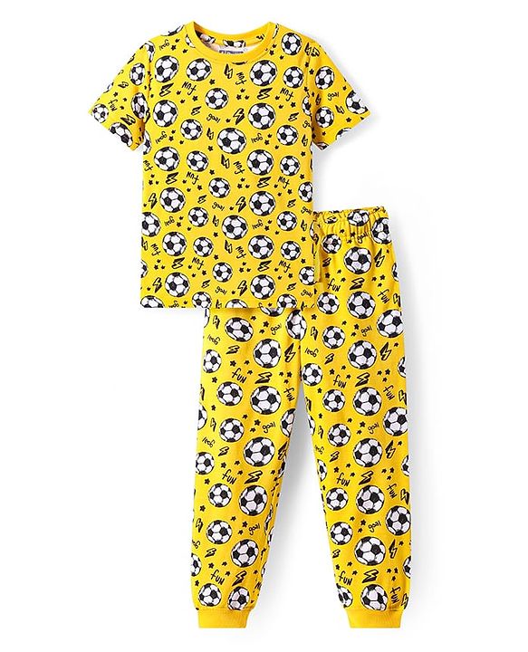 Pine Kids Single Jersey Knit Half Sleeves Night Suit with Football Print - Yellow