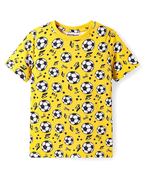 Pine Kids Single Jersey Knit Half Sleeves Night Suit with Football Print - Yellow