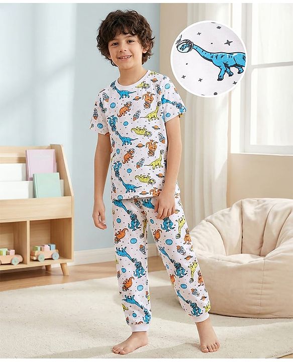 Pine Kids Single Jersey Knit Half Sleeves Night Suit with Dino Print - Blue White & Orange