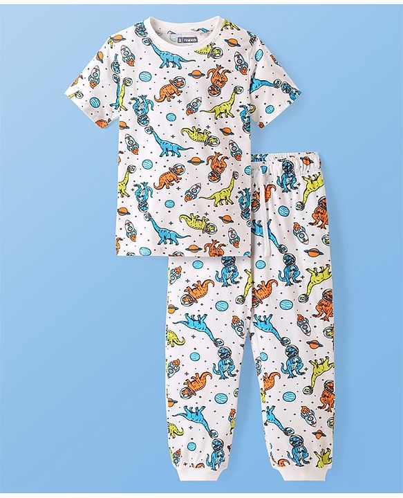 Pine Kids Single Jersey Knit Half Sleeves Night Suit with Dino Print - Blue White & Orange
