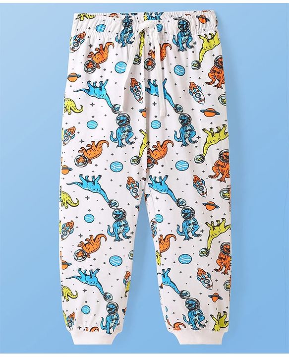 Pine Kids Single Jersey Knit Half Sleeves Night Suit with Dino Print - Blue White & Orange