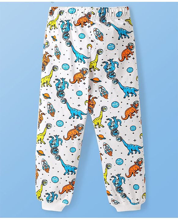 Pine Kids Single Jersey Knit Half Sleeves Night Suit with Dino Print - Blue White & Orange
