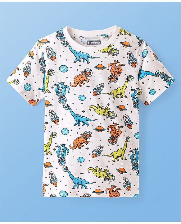 Pine Kids Single Jersey Knit Half Sleeves Night Suit with Dino Print - Blue White & Orange