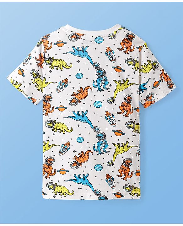 Pine Kids Single Jersey Knit Half Sleeves Night Suit with Dino Print - Blue White & Orange