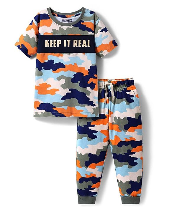 Pine Kids Single Jersey Knit Half Sleeves Co-ords Cut & Sew Night Suit with Camouflage - Multicolor