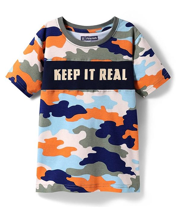 Pine Kids Single Jersey Knit Half Sleeves Co-ords Cut & Sew Night Suit with Camouflage - Multicolor