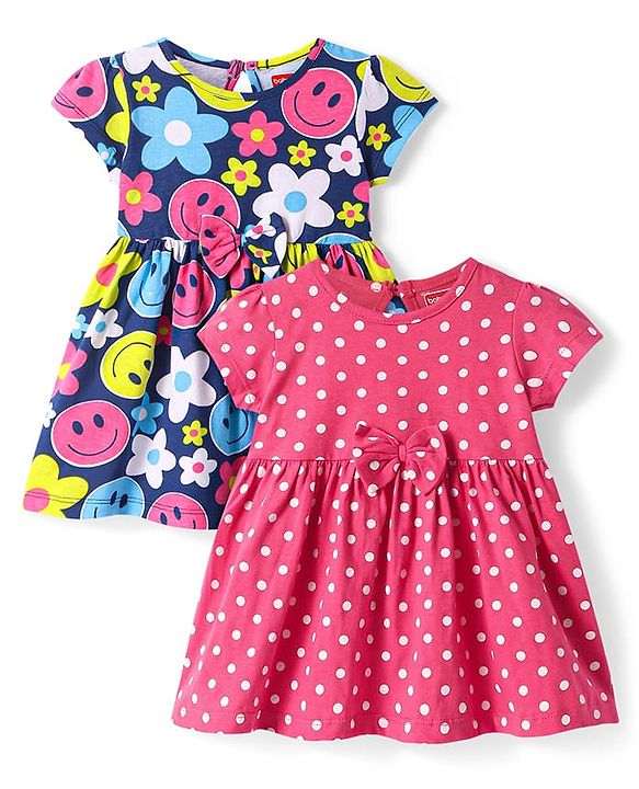 Babyhug Single Jersey Knit Half Sleeves Floral & Polka Dots Printed Frocks with Bow Applique Pack of 2 - Blue & Pink
