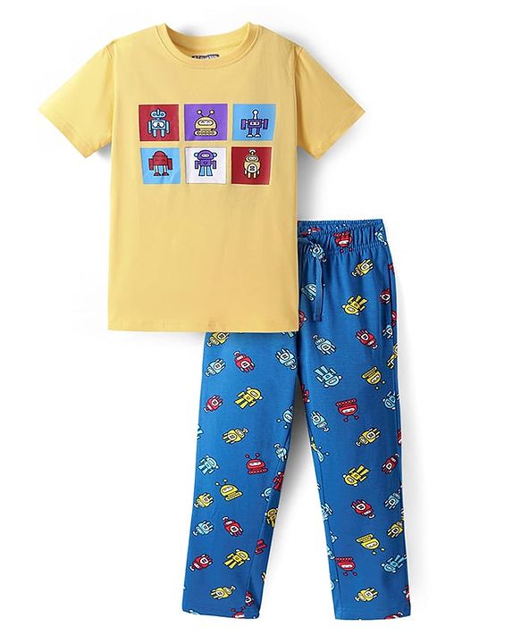 Pine Kids Single Jersey Knit Half Sleeves Night Suit with Robot Print - Yellow & Blue