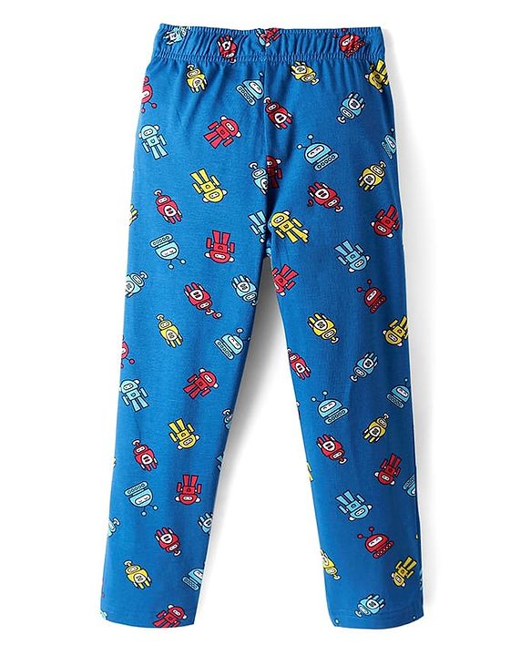 Pine Kids Single Jersey Knit Half Sleeves Night Suit with Robot Print - Yellow & Blue