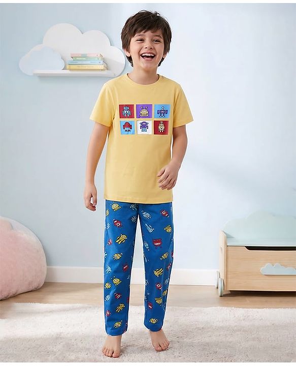 Pine Kids Single Jersey Knit Half Sleeves Night Suit with Robot Print - Yellow & Blue