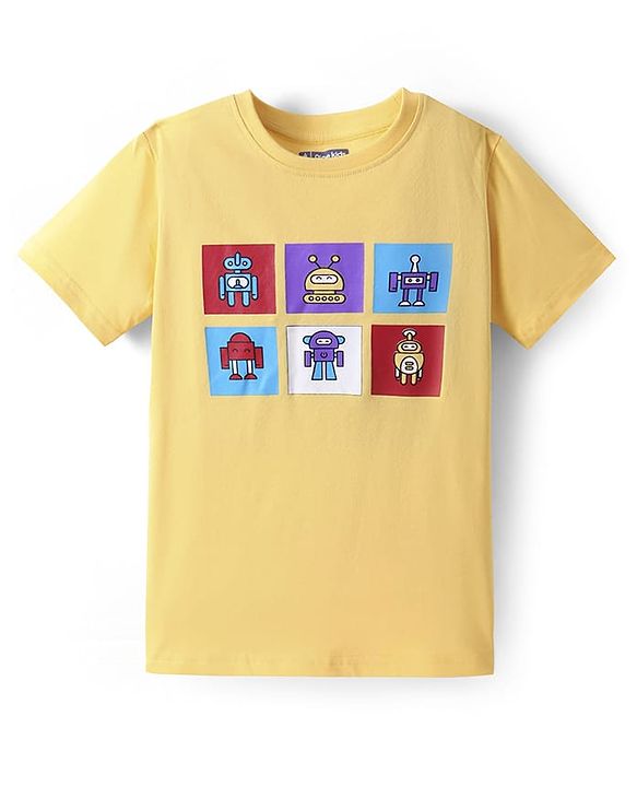 Pine Kids Single Jersey Knit Half Sleeves Night Suit with Robot Print - Yellow & Blue