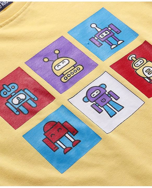 Pine Kids Single Jersey Knit Half Sleeves Night Suit with Robot Print - Yellow & Blue