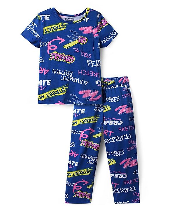 Pine Kids Single Jersey Knit Half Sleeves Night Suit With Text Print - Navy Blue