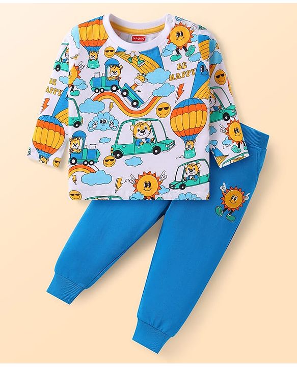Babyhug Single Jersey Knit Full Sleeves T-Shirt & Joggers Set with Animal Print - Blue & White
