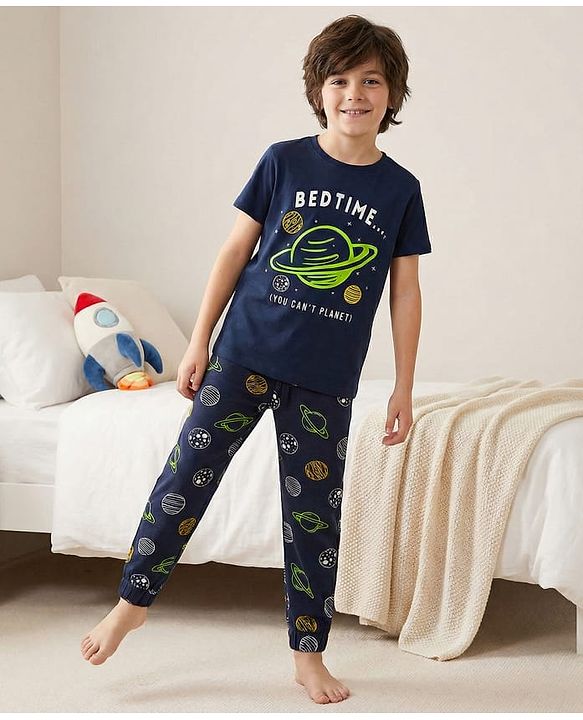 Pine Kids Single Jersey Knit Half Sleeves Night Suit with Space  Print - Navy Blue