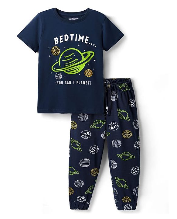Pine Kids Single Jersey Knit Half Sleeves Night Suit with Space  Print - Navy Blue