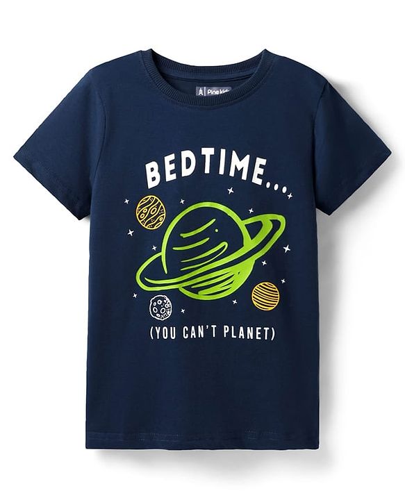 Pine Kids Single Jersey Knit Half Sleeves Night Suit with Space  Print - Navy Blue