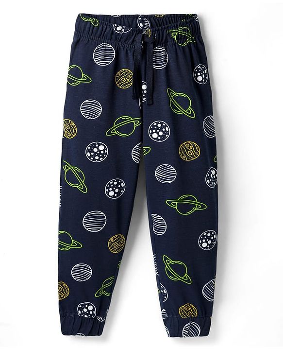 Pine Kids Single Jersey Knit Half Sleeves Night Suit with Space  Print - Navy Blue
