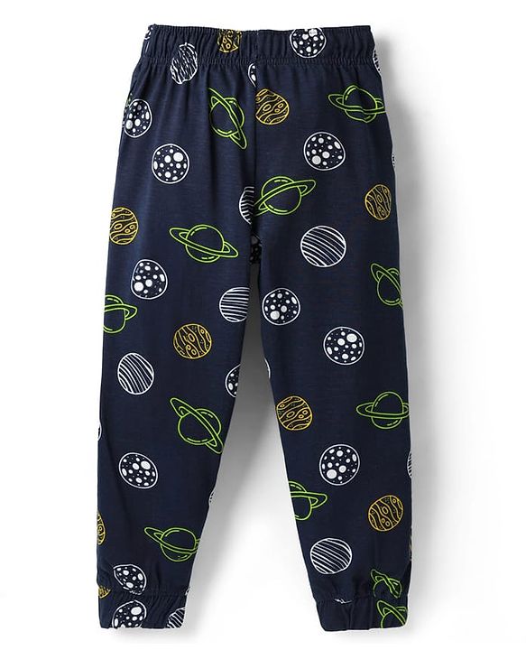 Pine Kids Single Jersey Knit Half Sleeves Night Suit with Space  Print - Navy Blue