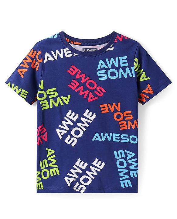 Pine Kids Single Jersey Knit Half Sleeves Night Suit With Awesome Print - Navy Blue