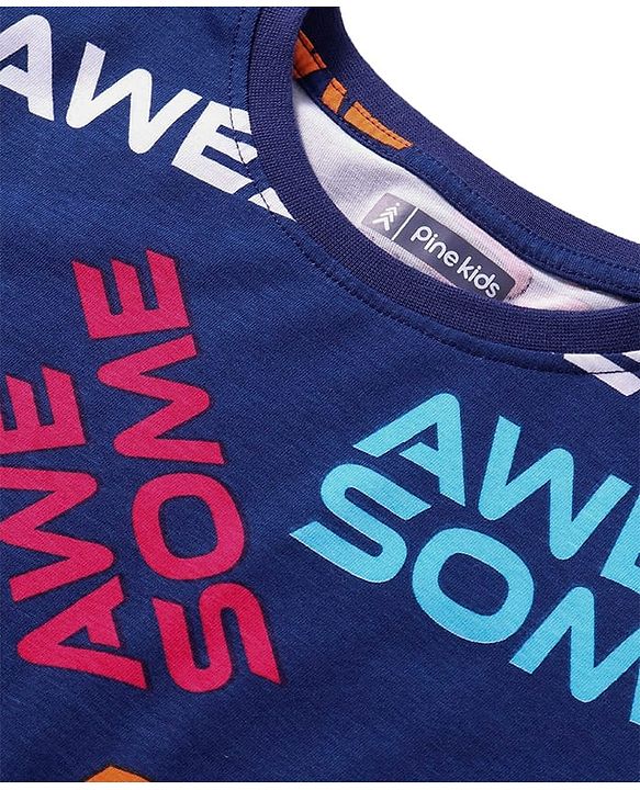 Pine Kids Single Jersey Knit Half Sleeves Night Suit With Awesome Print - Navy Blue