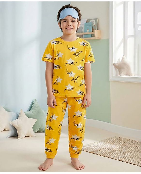 Pine Kids Single Jersey Knit Half Sleeves Night Suit with Dino Print - Yellow