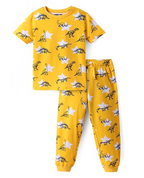 Pine Kids Single Jersey Knit Half Sleeves Night Suit with Dino Print - Yellow